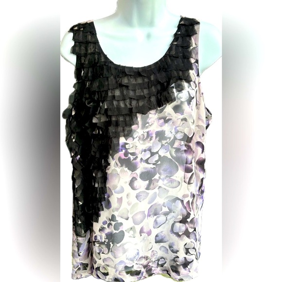Kensie Tops - Kensie Sheer Sleeveless Top with Asymmetrical Black Fringe